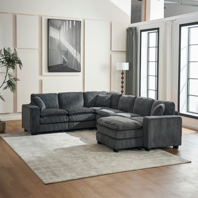 Modern U-Shaped 6-Seat Sectional Sofa with Ottoman and Pillows.