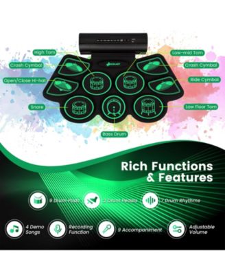 9 Pads Electronic Drum Set with Sticks & Pedals, Portable Roll-up Digital Drum Kit