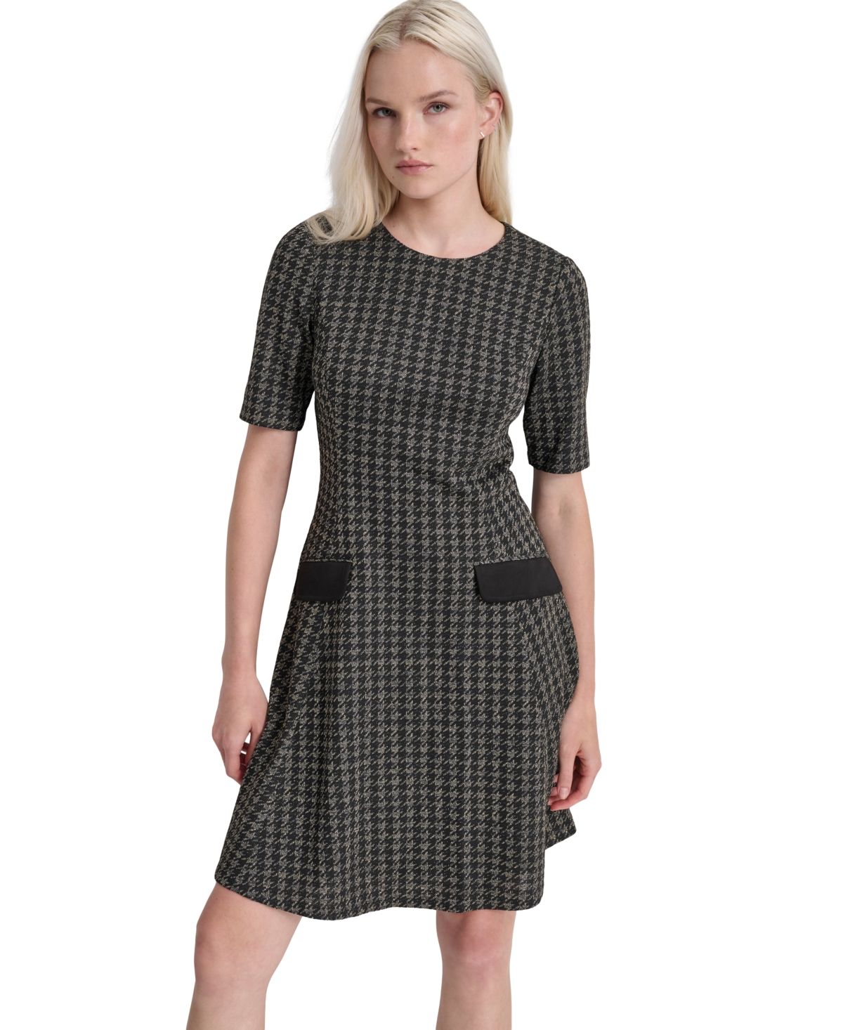 Dkny Women's Jewel-Neck Short-Sleeve Fit & Flare Dress -Charcoal