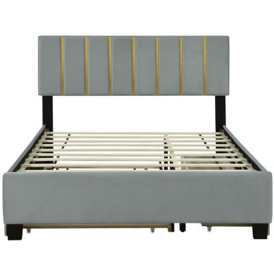Luxury Velvet Upholstered Platform Bed with Trundle and Drawers