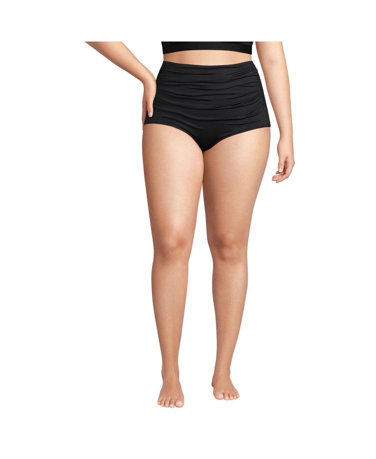 Plus Size Ruched Chlorine Resistant Tummy Control Retro High Waisted Bikini Swim Bottoms - Black