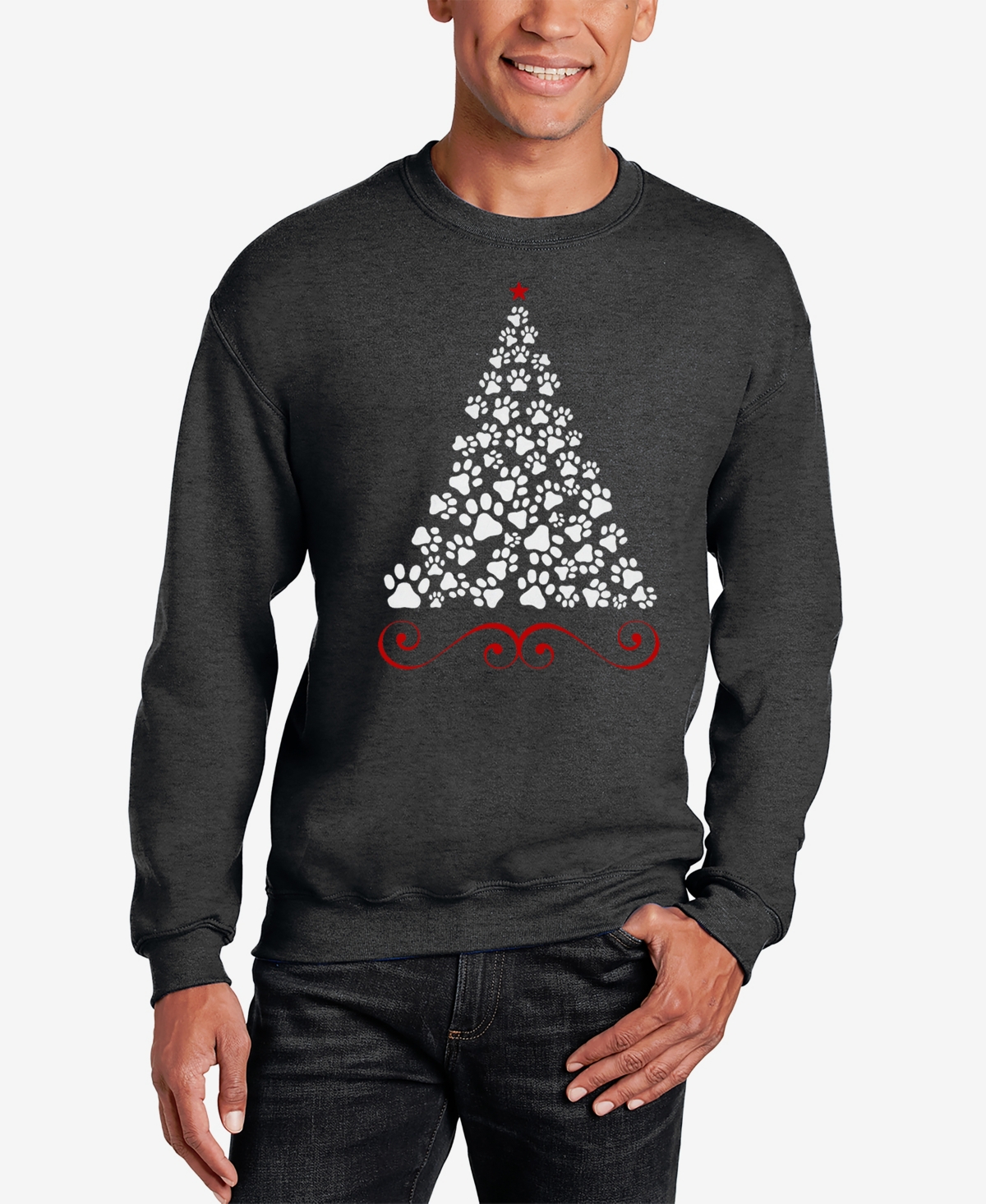 Men's Paw Christmas Tree Word Art Crewneck Sweatshirt - Dark Grey