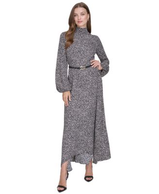 Halston - Women's Smock-Neck Long-Sleeve Belted Chiffon Dress