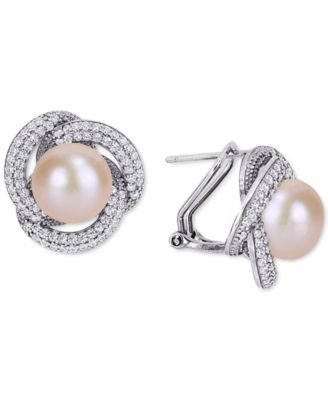 2-Pc. Set Pink Cultured Freshwater Pearl (9-1/2mm - 10-1/2mm) & Cubic Zirconia Love Knot Pendant Necklace & Matching Stud Earrings in Sterling Silver