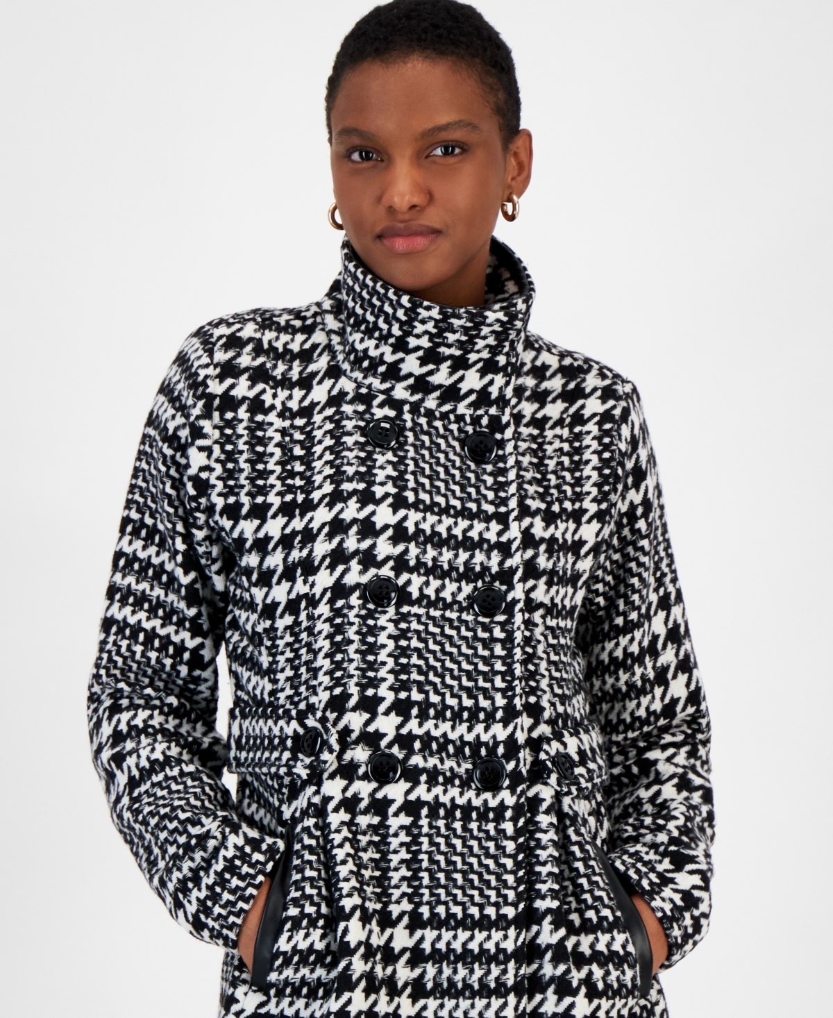 Bcx Juniors' Houndstooth Double-Breasted Belted Coat -White