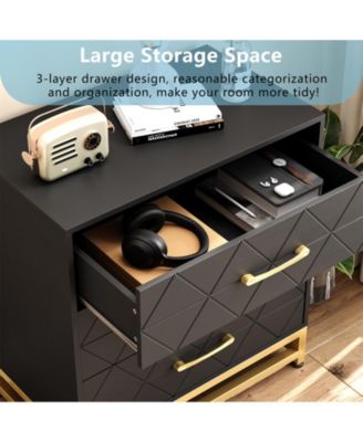 3 Drawer Dresser, Wood Chest Drawers with Storage for Closet, Bedroom, Drawers Dresser Modern Bedside Nightstand with Gold Handles,Black_15.8"D x 23.9"W x 28.7"H