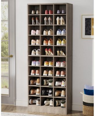 10-Tier Shoe Storage Cabinet, Gray Wooden Shoe Rack with 30 Cubbies, Freestanding Tall Entryway Shoe Organizer