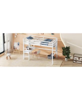 Twin Loft Bed with Desk, Bookcase, and Guardrails in White