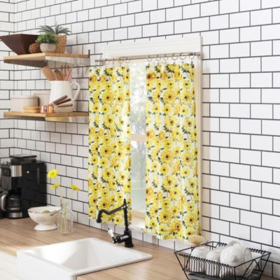 Sunny Sunflower Print Semi-Sheer Rod Pocket Kitchen Curtain Valance and Tiers Set