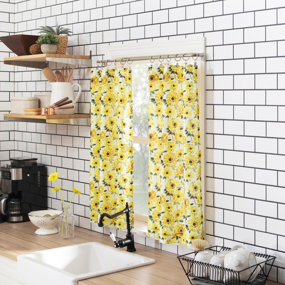 Sunny Sunflower Print Semi-Sheer Rod Pocket Kitchen Curtain Valance and Tiers Set