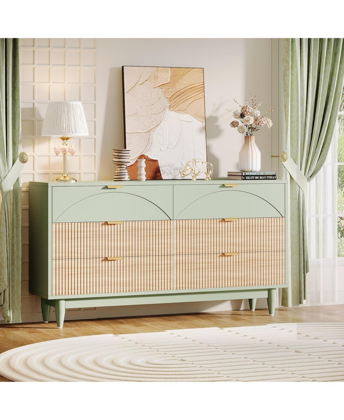 Tribesigns 6-Drawer Dresser for Bedroom: Inches Modern Chest of Drawers with Gold Metal Handles, Green Long Double Dresser Organizer Wood Cabinet f