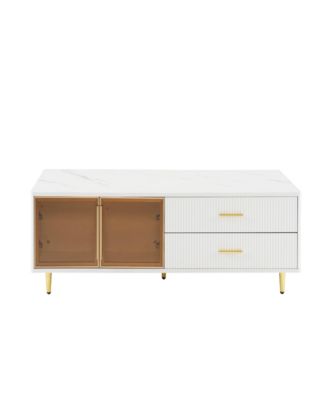 White Coffee Table with Storage, Gold Legs, LED Lighting (47.2")