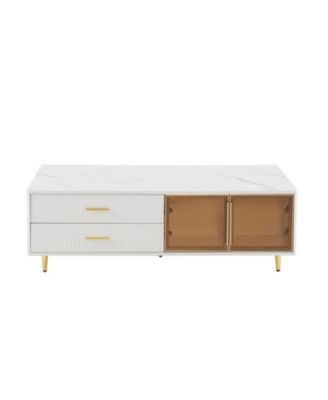 White Coffee Table with Storage, Gold Legs, LED Lighting (47.2")
