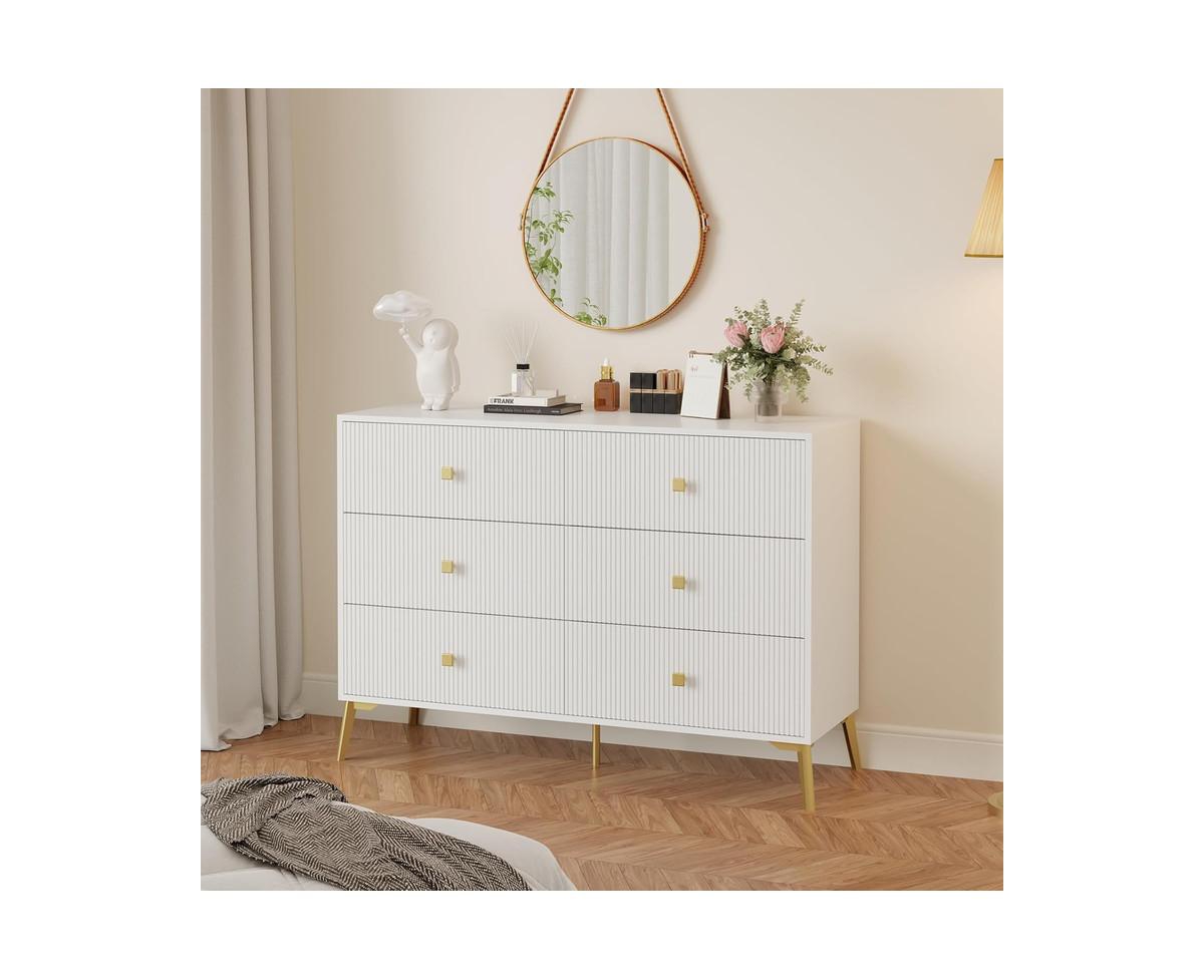 gaomon 6 Drawer Dresser for Bedroom,Modern Bedroom Dresser,Flutedand Gold Dresser with Curved Profile Design,Wood Storage Dressers & Chests of