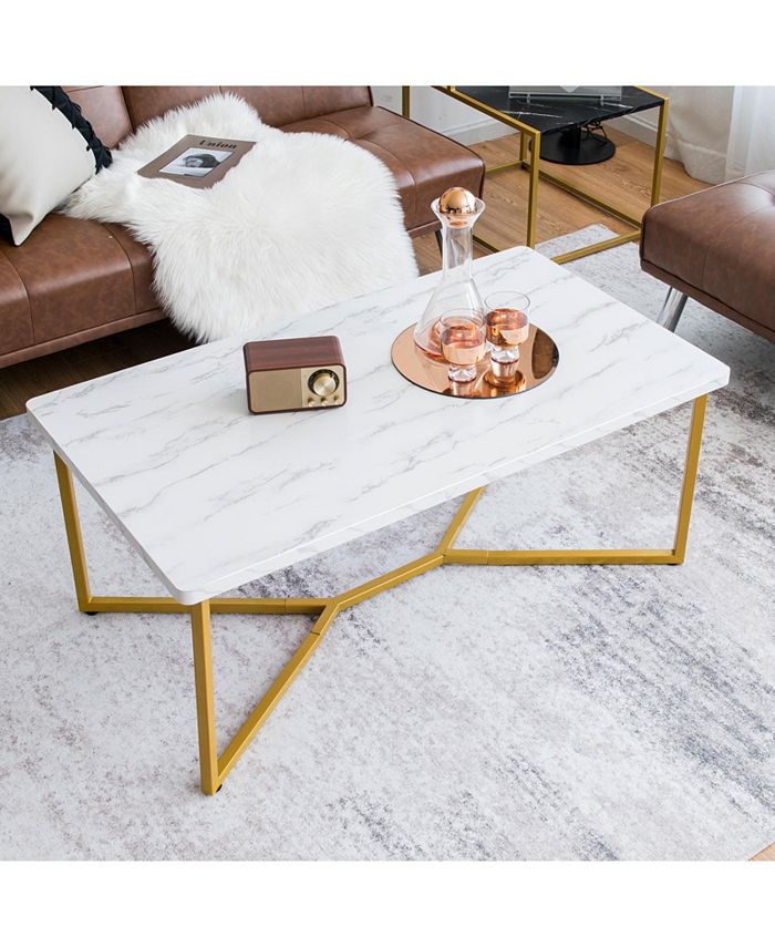 SUGIFT White Faux Marble Coffee Table with Gold Finished Metal Frame ...