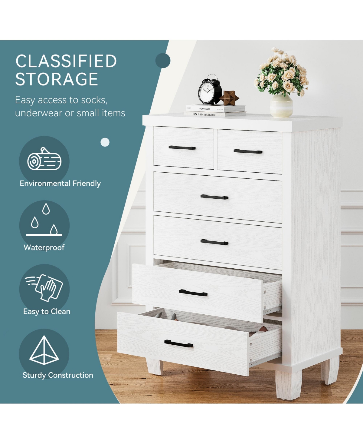 Dresser for Bedroom, 6 Drawer Dresser with Metal Handles, White Chest of Drawers Closet Organizers and Storage Clothes, Wood Drawer Dresser for Closet