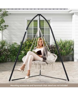 Swing Chair Hand-Woven Rope Hanging Chair with Thick Cushion & Folding Metal Frame