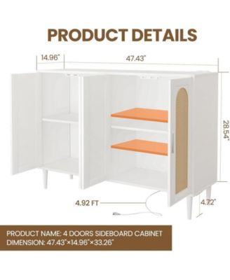 Sideboard Buffet Cabinet, 4 Rattan Doors Accent Storage Cabinet, Console Table Coffee Bar with Power Outlet, Adjustable Shelves for Dining Room, Kitchen, Hallway, Living Room, White_15 x 47.4 x 33.3 inches