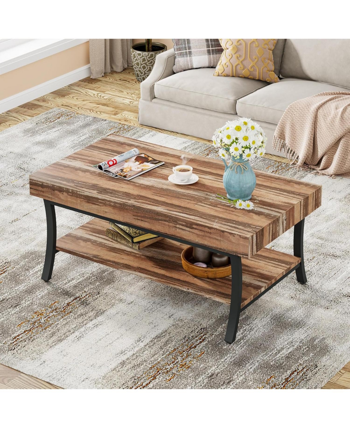 Tribesigns Farmhouse Coffee Table with Storage, 2-Tier Rustic Living Room Table Industrial Center Table Wooden Low Rectangle Cocktail Tea Table, Oak &