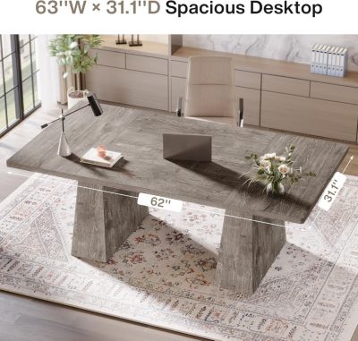 63-Inch Executive Desk, Large Office Computer Desk with Double Pedestal, Modern Simple Workstations Writing Table