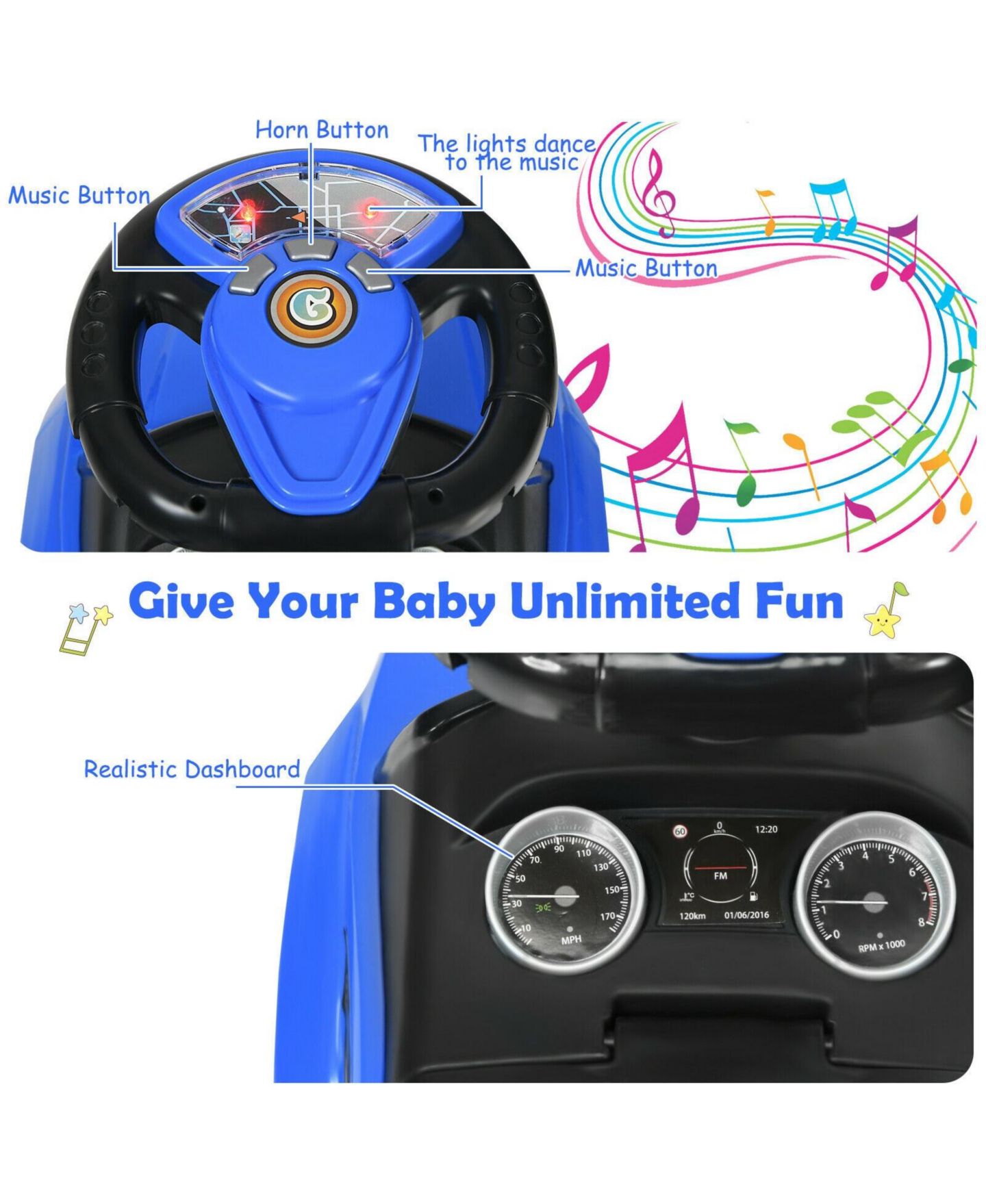 Детская игрушка SUGIFT 3-in-1 Ride-On Push Car with Music, 55 lb. Capacity, Ages 1+, цвет: Тёмно-синий — фото 9
