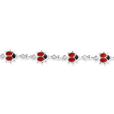 Good Luck Garden Lucky Multi Station Charms Enamel Red Ladybugs Charm Bracelet .925 Sterling Silver 7.5 Inch