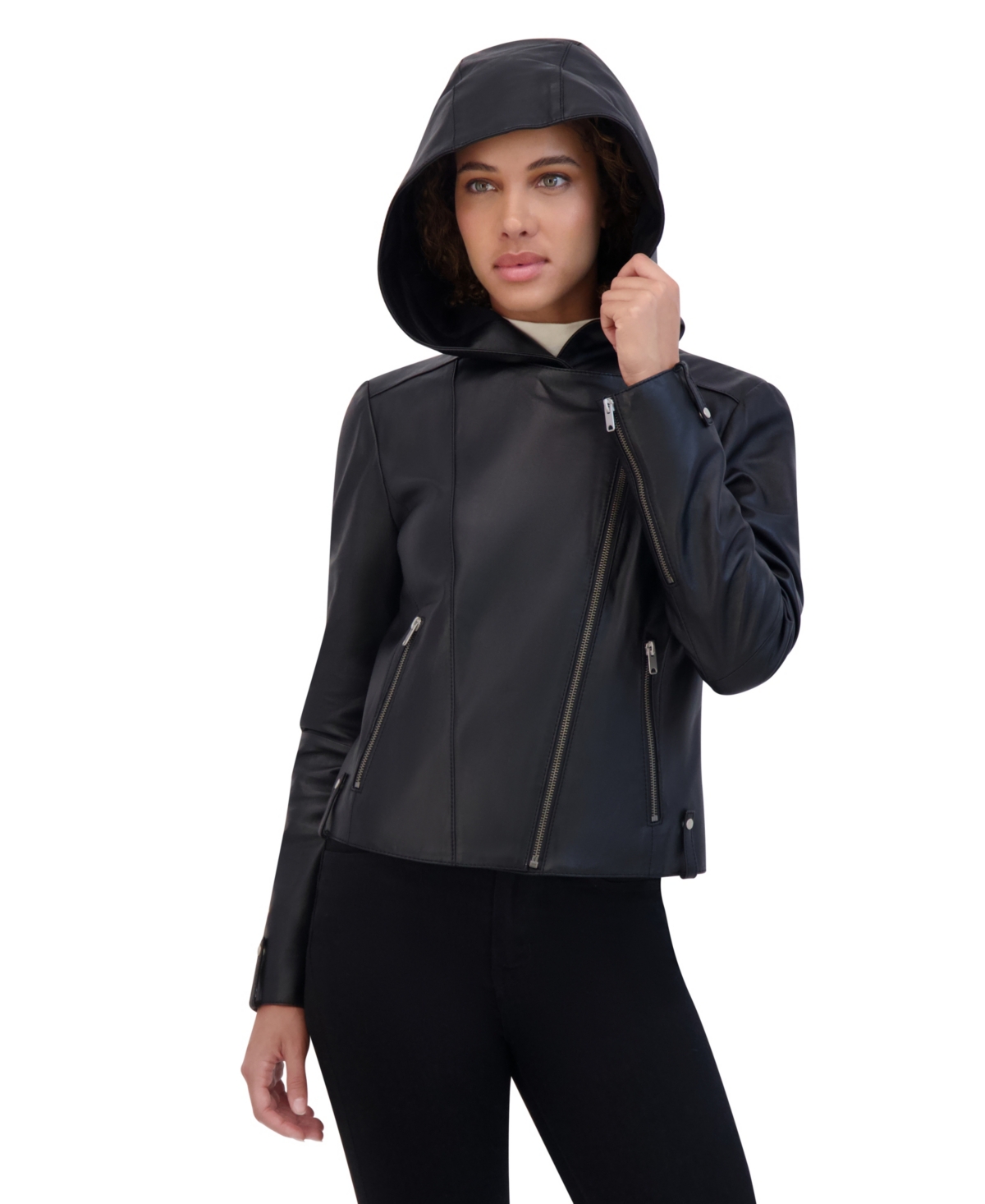 Andrew Marc Women's Lunar Lightweight Leather Hooded Moto Jacket