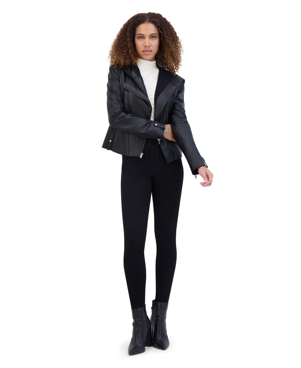 Andrew Marc Women's Lunar Lightweight Leather Hooded Moto Jacket