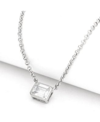 Rhodium Emerald Cut Bezel Set Cubic Zirconia Pendant Necklace