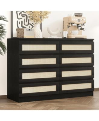 8 Drawer Double Dresser for Bedroom, Rattan Chest of Dressers, Modern Wooden Dresser Chest, Beside Table for Closet, Nursery, Living Room and Entryway, Black_13 x 47.3 x 33.9 inches