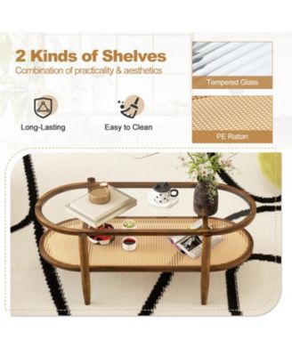 2-Tier Coffee Table with Tempered Glass Tabletop and Acacia Wood Frame