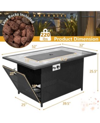 52 Inch Rattan Wicker Propane Fire Pit Table with Rain Cover and Lava Rock-Black