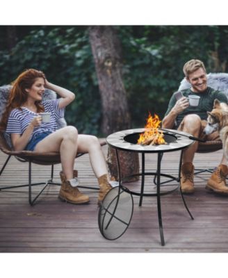 23.5 Inches Round Fire Pit Table with Mesh Cover and Fire Poker
