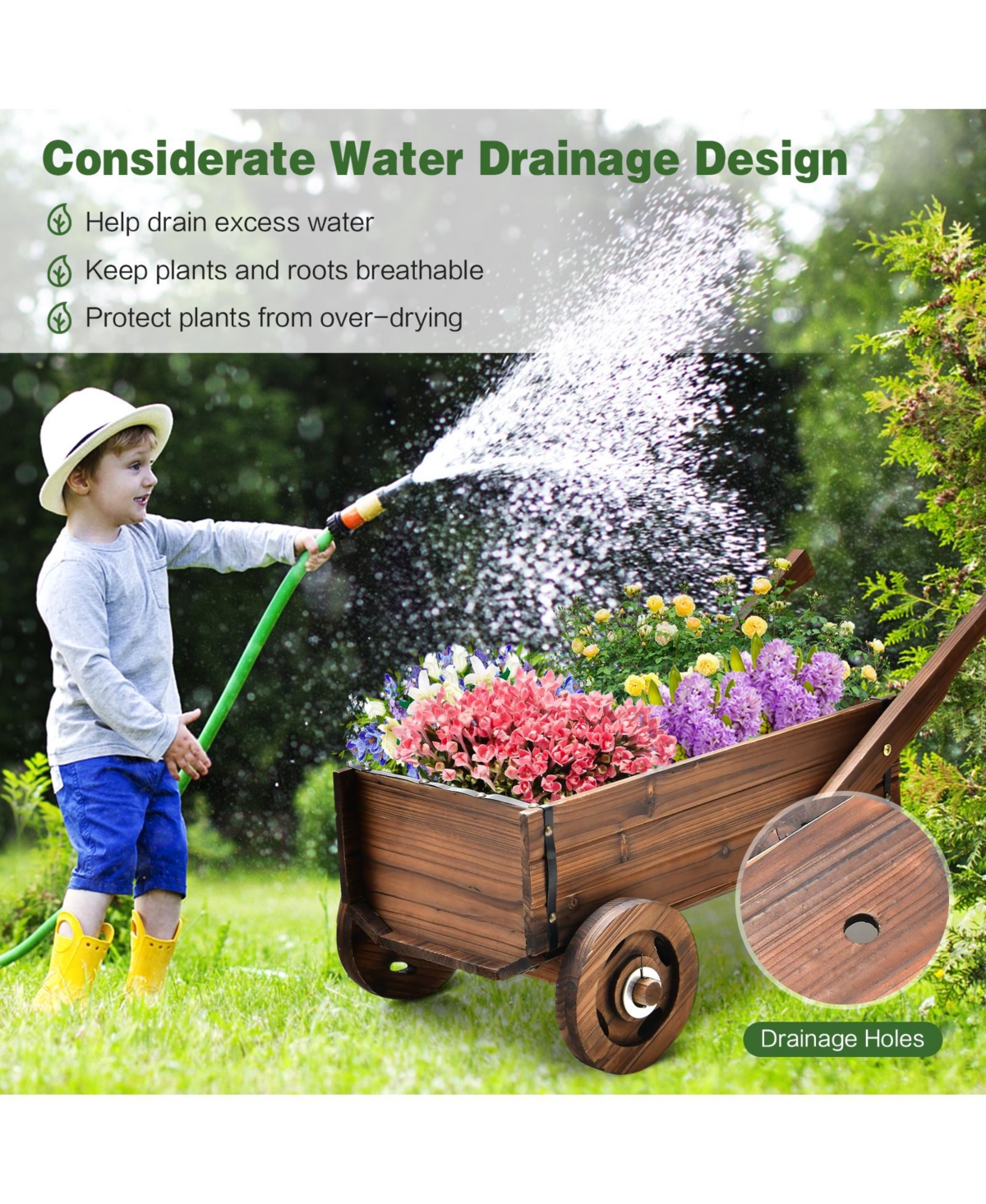 Sugift Wooden Wagon Planter Box with Wheels Handles and Drainage Hole-Rustic- Brown