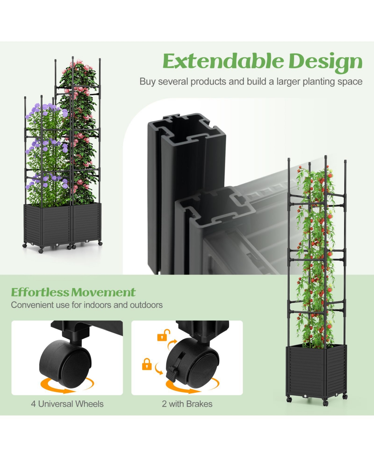 Sugift Raised Garden Bed with Obelisk Trellis and 3 Heights & Detachable Pe-Coated Metal Tubes- Black