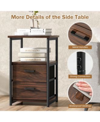 3-Tier Retro Nightstand with 2 Removable Fabric Drawers and Open Shelf-Walnut