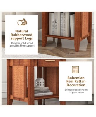 Rattan Nightstand End Table with Drawer and Storage Shelf-Walnut