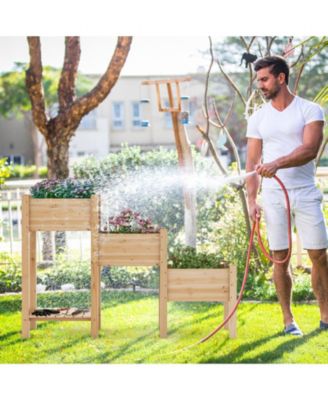 3-Tier Wooden Raised Garden Bed with Open Storage Shelf-Natural