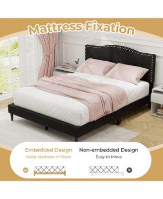 Queen Size Upholstered Bed Frame with Nailhead Trim Headboard-Queen Size