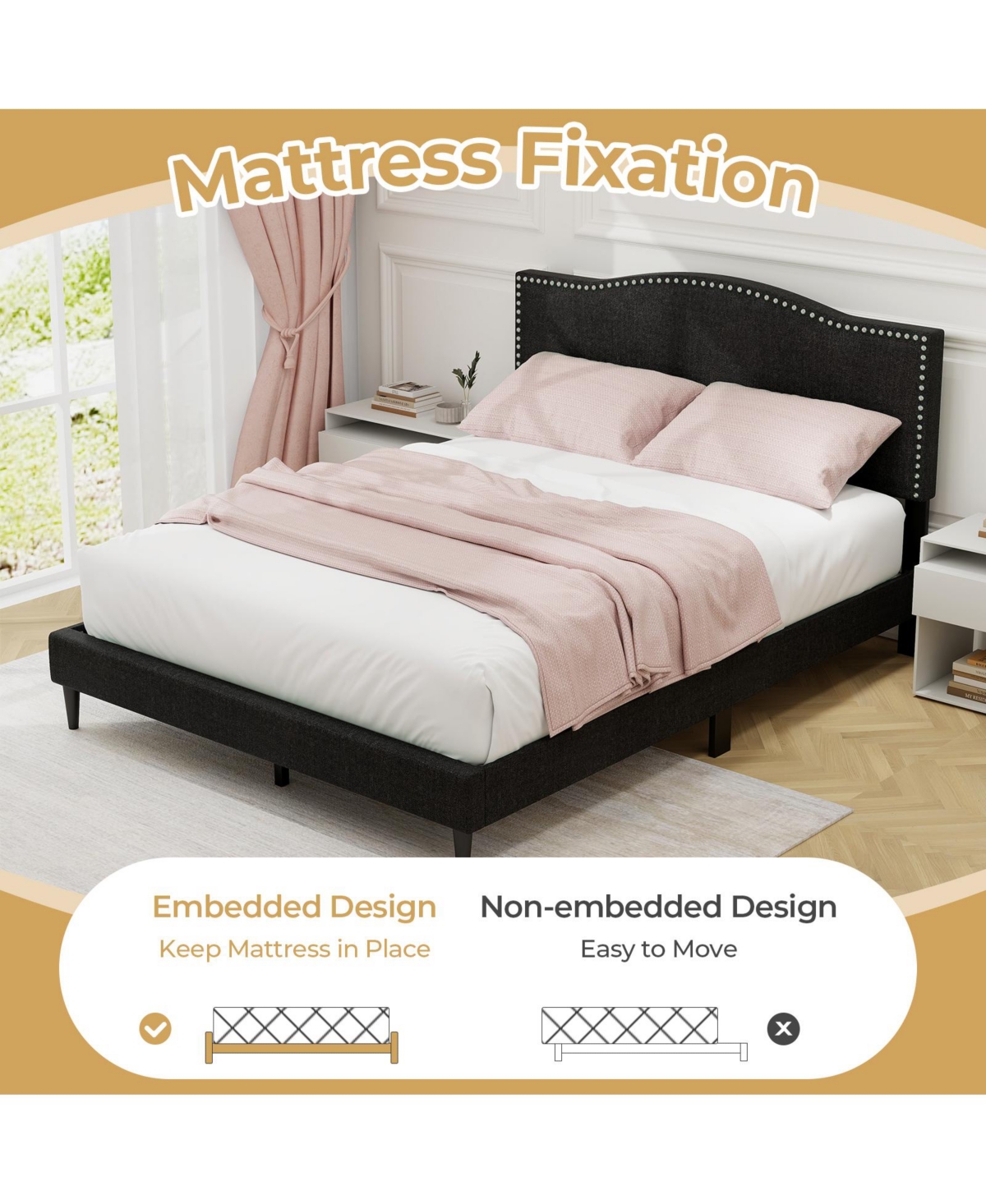 Skonyon Queen Size Upholstered Bed Frame with Nailhead Trim Headboard-Queen Size