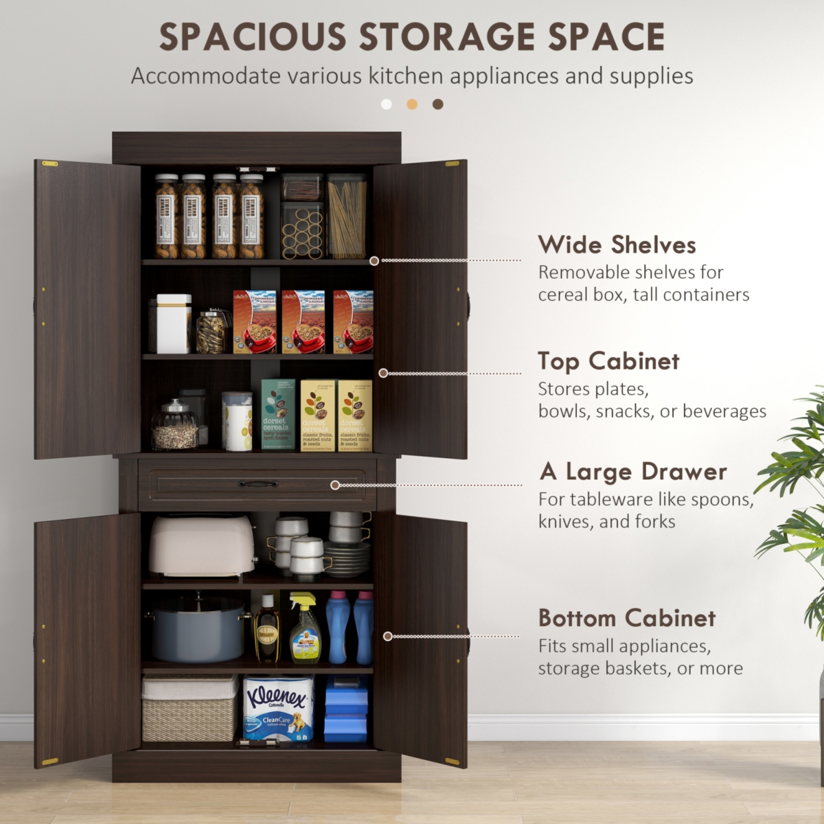 Streamdale Furniture Freestanding Kitchen Pantry with 4 Doors, Cabinets, and Drawer
