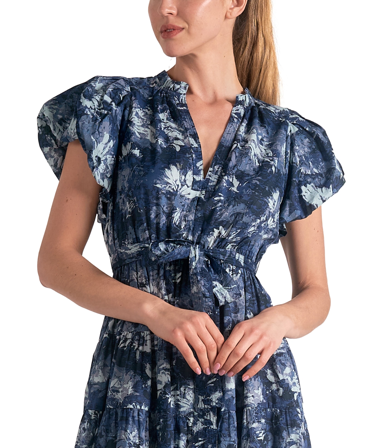 Elan Women's Cotton Printed-Voile Tie-Waist Midi Dress