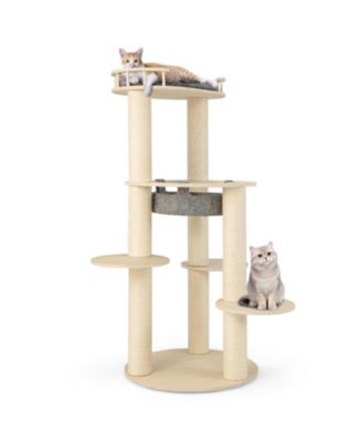5-level Wooden Cat Tree with Padded Perch Non-woven Hammock-Gray