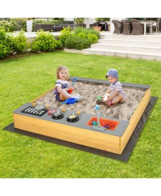 Wooden Sandbox Kids Sand Pit with Kitchen Playset Accessories for 3-8 Years Old