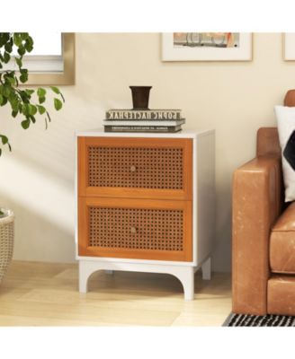 Boho Accent Table – 2 Handwoven Rattan Drawers – Stylish Nightstand for Bedroom or Living Room Storage & Decor