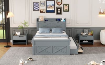 Full Size Wooden Storage Bed with Twin Trundle and Outlets