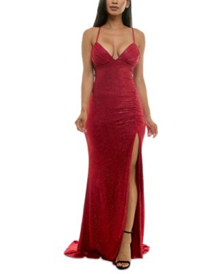 Emerald Sundae Juniors' Metallic-Threaded High-Slit Gown - Macy's