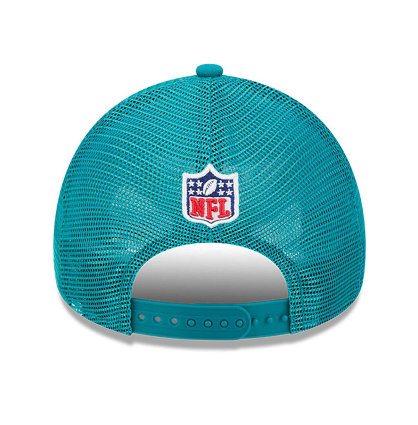 Мужская кепка New Era Stone/Aqua Miami Dolphins 2024 Sideline Historic 9FORTY A-Frame Trucker Adjustable Hat — фото 3