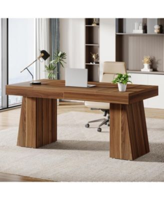 55 Inches Executive Desk, Mid-Century Modern Home Office Desk with Double Trapezoid Base, Wood Computer Desk Business Workstation Desk