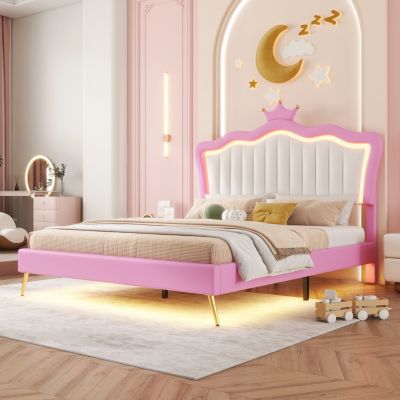 LED Upholstered Princess Bed with Crown Headboard